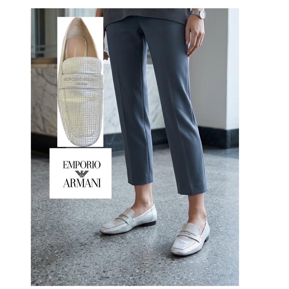 Emporio Armani Silver Metallic Grid Textured‎ Logo Loafers X3A090 37.5 luxury